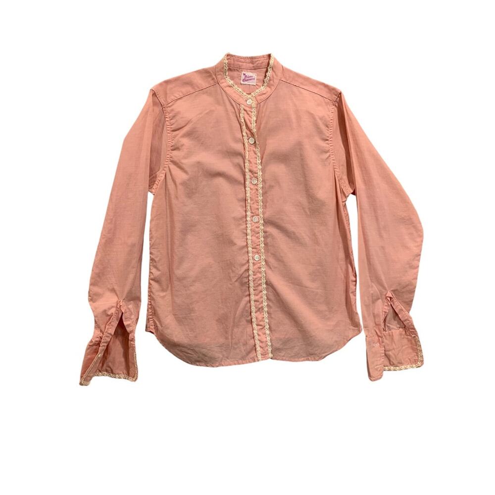 Medium Vintage 1950s Pink Button Up Shirt Lace Trim French Cuff